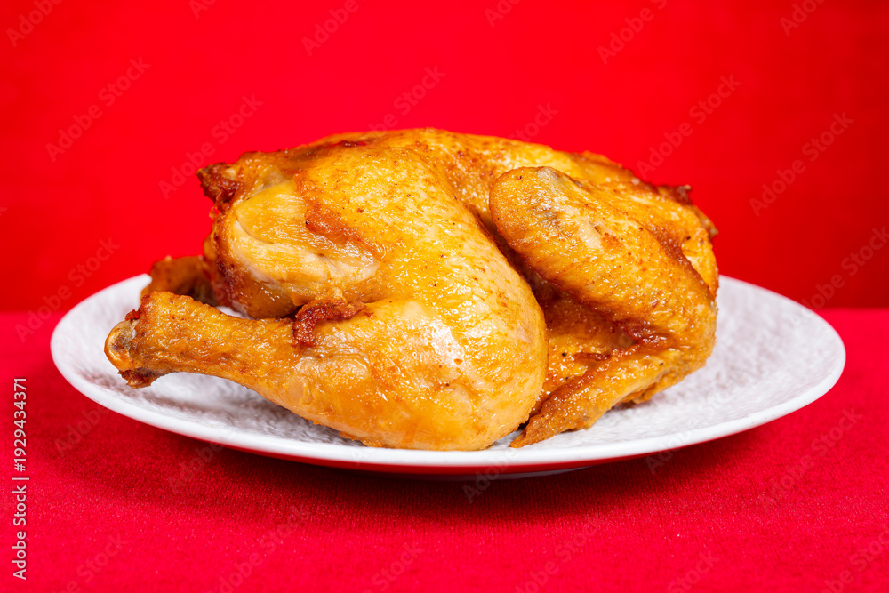 Foto roasted chicken on red at horizontal composition