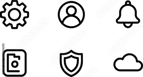 Settings cog user profile bell notification folder shield cloud icons vector set