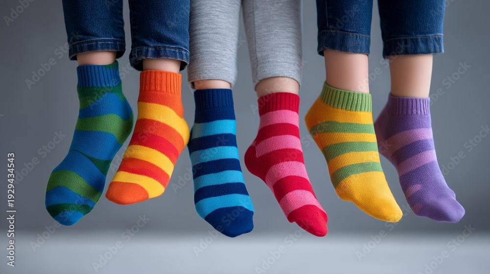 Fototapeta premium World Down Syndrome Day concept with colorful mismatched socks symbol and children with Down syndrome celebrating, perfect for March awareness day, disability inclusion, Down syndrome support,
