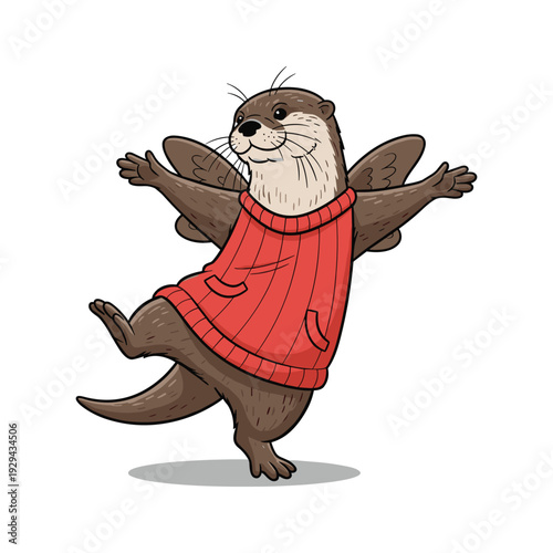 Happy otter dancing in a red sweater with joyful expression
