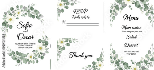 Elegant Wedding Invitation Suite with Eucalyptus and Floral Wreath, RSVP, Menu, and Thank You Cards