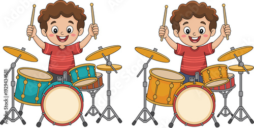 Cartoon child playing drums, fun music illustration, colorful drum set, kids musical activity, happy drummer artwork, playful rhythm design