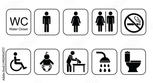 Illustration of bathroom signs showing various toilet and hygiene activities from a straightforward viewpoint