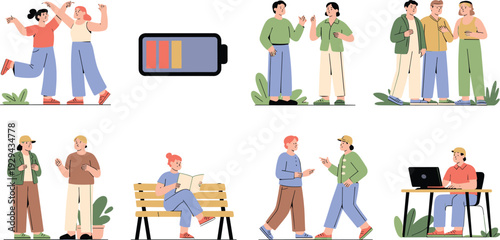 Cartoon people social interaction illustration, communication activities artwork, lifestyle scenes flat design, teamwork discussion, reading, working, celebrating, vibrant modern concept