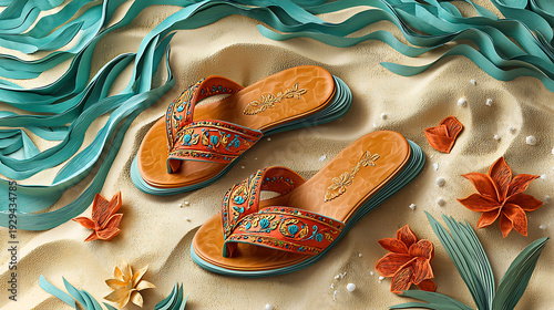 A pair of intricately designed sandals resting on a sandy beach with autumn leaves scattered around them