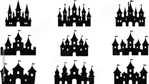 Castle silhouettes illustration set, medieval fortress vector artwork, fairytale design graphics, tower icons collection, historical architecture symbol