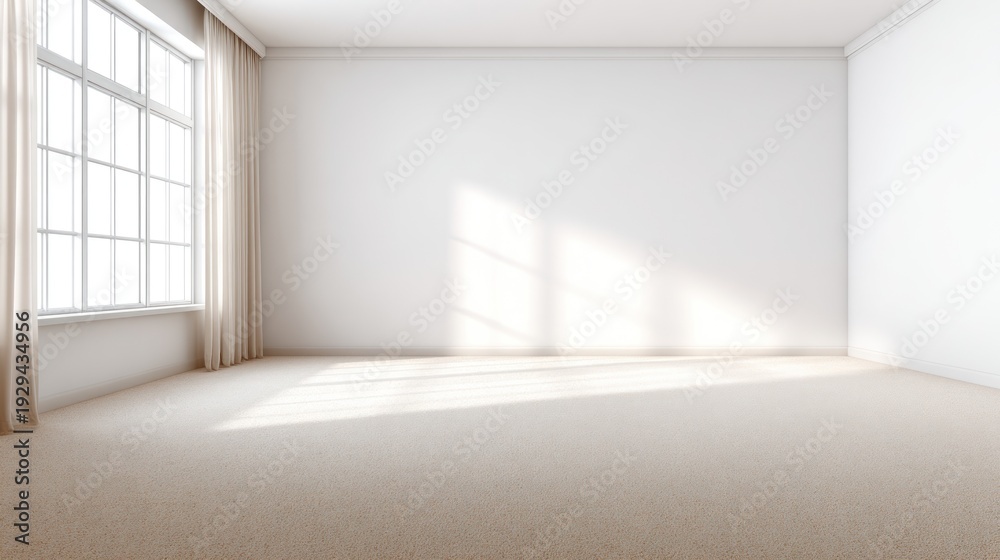 Fototapeta premium Empty room with large window and beige carpet