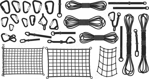 Climbing Equipment Collection Illustration Featuring Carabiners, Ropes, Safety Nets and Mountaineering Gear for Outdoor Adventure and Rock Climbing Activities