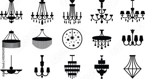 Chandelier silhouettes, lighting design, interior decor, decorative icons, vintage style, modern shapes, black illustration, home inspiration, elegant lamp collection