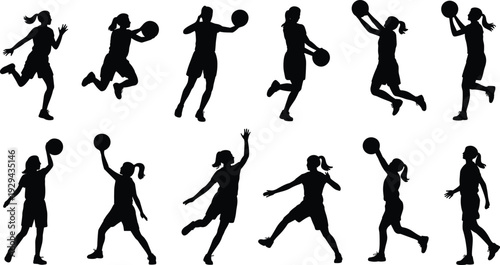 Female basketball silhouettes, sports illustration, athletic poses, dribbling action, shooting motion, passing skills, jumping energy, black icons, dynamic sports art
