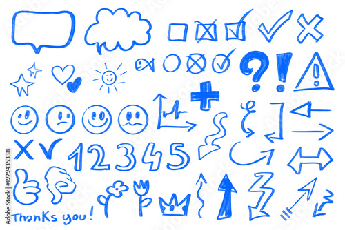 Doodles d’icônes bleues dessinées à la main pour présentations PowerPoint professionnelles, fun professionnel.