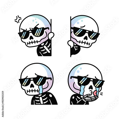 Crying skeleton cartoon character with sunglasses expressing sadness and despair