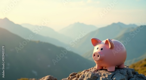 Pink piggy bank sitting on a rock in the mountains
