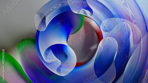 Fotografía 3d render of abstract art of surreal circles, ropes on a curve, wavy organic lin
