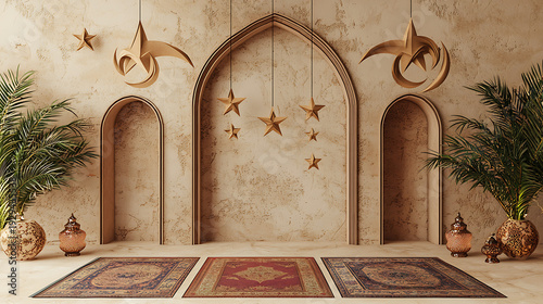 Serene prayer area with arched doorways, decorative rugs, and hanging stars, viewed from a peaceful perspective