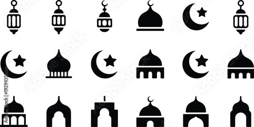 Islamic icons collection, lanterns crescents domes, mosque architecture silhouettes, cultural archway designs, Ramadan Eid religious symbols, decorative Islamic art illustration