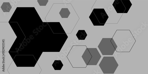 Abstract gray background with 3D black hexagons. Digital future technology concept. Scientific  technological molecular medical background. hexagon DNA network. hexagon  honeycomb  hexagonal