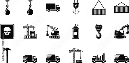 Black industrial vector icon set featuring construction cranes, delivery trucks, shipping containers, heavy machinery, wrecking balls, skull warning sign, hammer, and cargo logistics symbols.