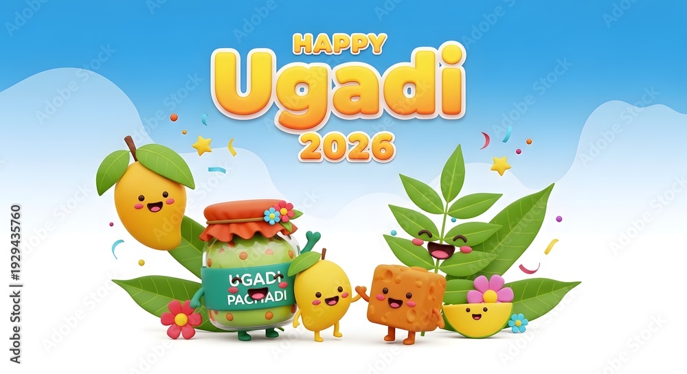 Fototapeta premium Happy ugadi 2026 celebration with cute cartoon mangoes and festive elements