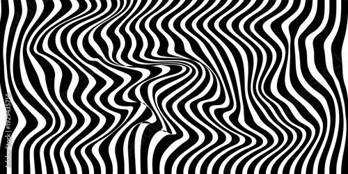 Psychedelic lines. Abstract pattern. Texture with wavy, curves stripes. Optical art background. Wave design black and white. Vector illustration.