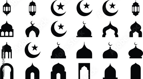 Islamic icons, mosque domes, minarets, crescent moon, star symbols, arches, cultural motifs, religious art, black silhouettes, decorative architecture illustration