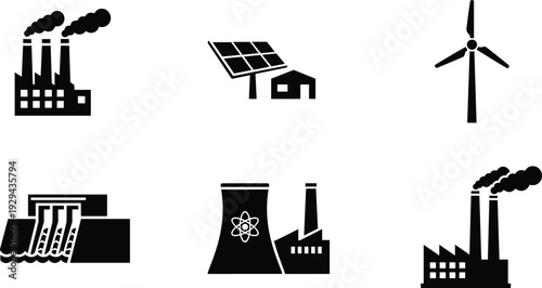 Energy Industry Icon Set Illustration Featuring Renewable and Nonrenewable Power Sources Including Solar, Wind, Nuclear and Industrial Electricity Production Symbols