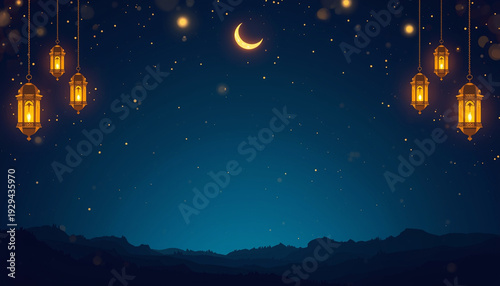 Moonlit Ramadan Night with Golden Lanterns and Stars