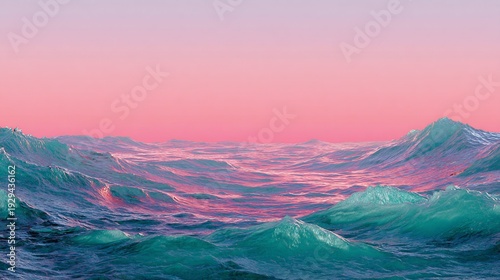 A serene ocean view at sunset with vibrant colors of pink and teal, creating a tranquil vibe