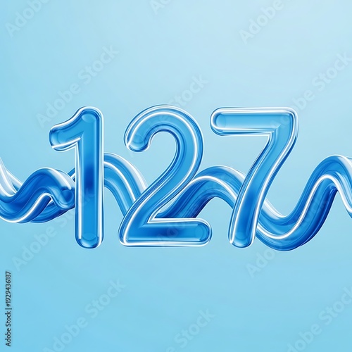A shiny blue number 127 on a light blue background with wavy lines.
