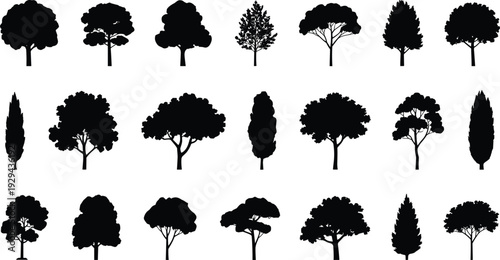 Tree silhouettes, forest illustration, nature design, botanical shapes, landscape elements, foliage diversity, black icons, decorative plants, environmental art collection