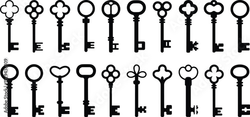 Vintage keys, antique silhouettes, ornate design, decorative icons, heart shapes, clover patterns, circle bows, black illustration, locksmith inspiration