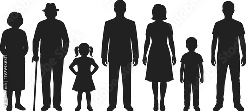 Family Generation Silhouettes Illustration Showing Children, Parents and Elderly People Representing Human Life Stages, Aging Process and Family Structure Concept