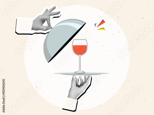 Black and white hands remove the lid from restaurant serving of dish with cloche with a glass of red wine. Modern collage style. Vector illustration