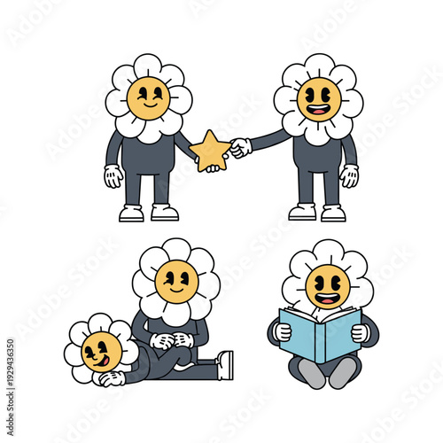 Cartoon characters with flower heads collaborating and reading together in a friendly atmosphere