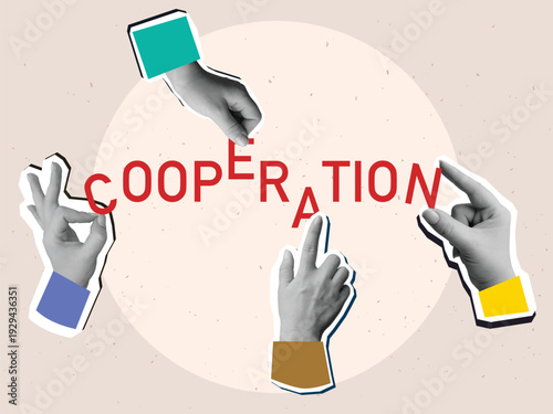 Black and white hands form the word "Cooperation." The concept of collaborative teamwork. Modern photo collage style. Vector illustration