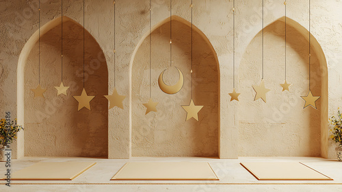 Serene archways with moon and stars in a peaceful Islamic setting