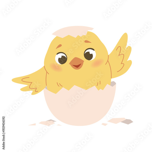 A cute yellow chick just hatched from its eggshell. Vector illustration isolated on a white background