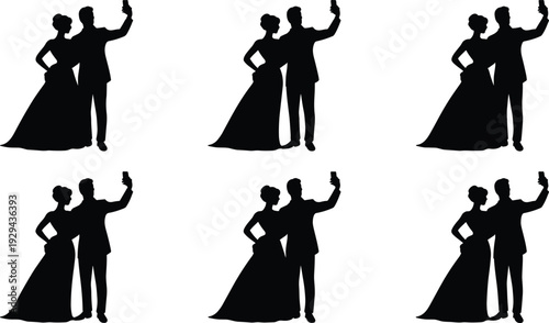 Wedding couple silhouettes, bride and groom, formal attire, selfie pose, smartphone gesture, romantic design, celebration illustration, modern cultural art