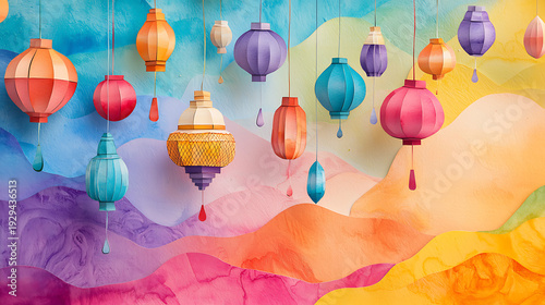 Vibrant lanterns suspended above colorful abstract landscape viewed from above with diverse shapes and hues