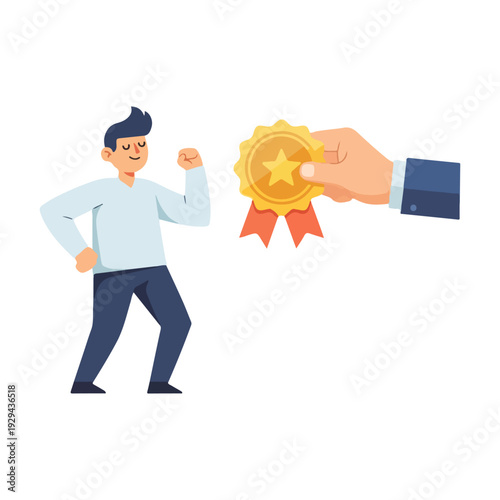 Man Receives Award Badge with Proud Pose and Happy Expression, Celebrating Achievement with Joy and Satisfaction Shown in Vector Illustration