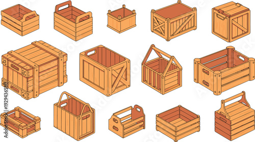 Wooden crates and boxes, rustic storage containers, natural wood packaging designs, decorative slatted crates, reinforced corner boxes, functional illustration set