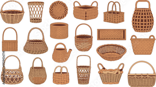 Woven baskets, handmade craft, rustic design, natural fibers, traditional weaving, decorative storage, cultural basketry, artisan style, home decor illustration