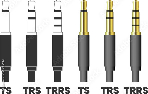 Audio jack connector types vector set showing TS, TRS, and TRRS plugs in gold and silver colors