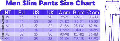 Men's slim pants size chart with international conversions for EU, UK, and US sizes