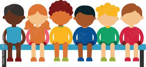  Group, boys, girls, sitting,  bench, different, colors, cartoon, character, silhouettes, children, teenagers, flat, icon, design concept, isolated,  white, background,
