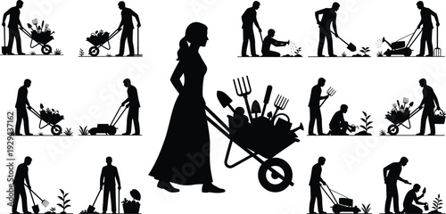 Gardening Silhouettes Collection Illustration Featuring People Planting, Watering and Maintaining Garden with Tools Representing Outdoor Work and Sustainable Lifestyle Concept