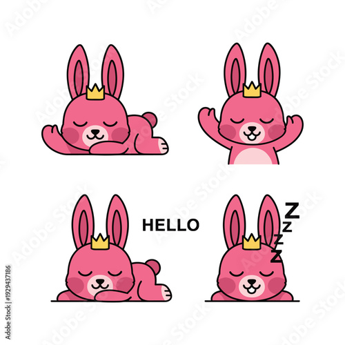 Cute cartoon bunny character set with different emotions and crown on white background