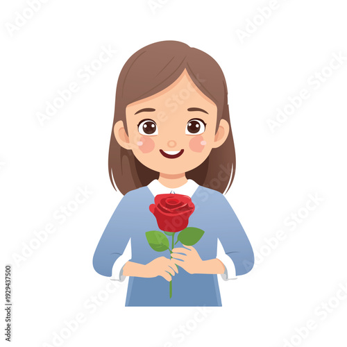 A smiling fashion lady with pink hair and beautiful eyes holding a rose in a vector art illustration of a girl with a rose