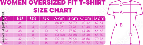 Women's oversized tee size chart with international and EU/UK/US conversions