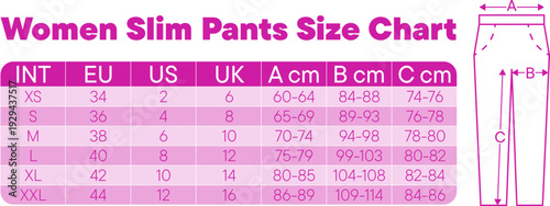 Women's slim pants size chart with conversions for international, EU, UK, and US sizes